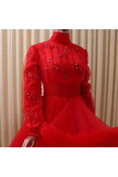 Tulle, Satin High Collar Floor Length Long Sleeve Ball Gown Dress with Rhinestone