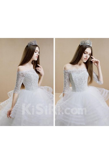 Lace, Satin Off-the-Shoulder Sweep Train Half Sleeve Ball Gown Dress with Rhinestone