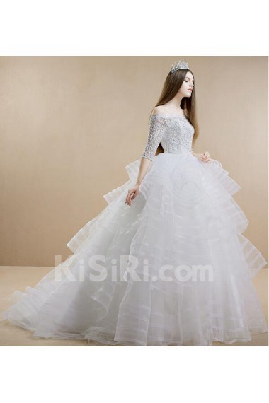 Lace, Satin Off-the-Shoulder Sweep Train Half Sleeve Ball Gown Dress with Rhinestone