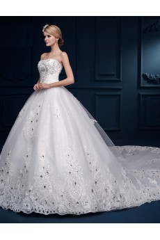 Tulle, Lace Strapless Cathedral Train Sleeveless Ball Gown Dress with Beads, Rhinestone