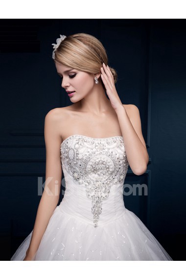Tulle, Lace Strapless Cathedral Train Sleeveless Ball Gown Dress with Beads, Rhinestone