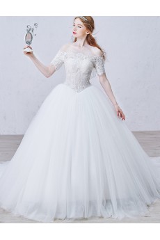 Lace, Tulle, Satin Off-the-Shoulder Chapel Train Short Sleeve Ball Gown Dress with Beads