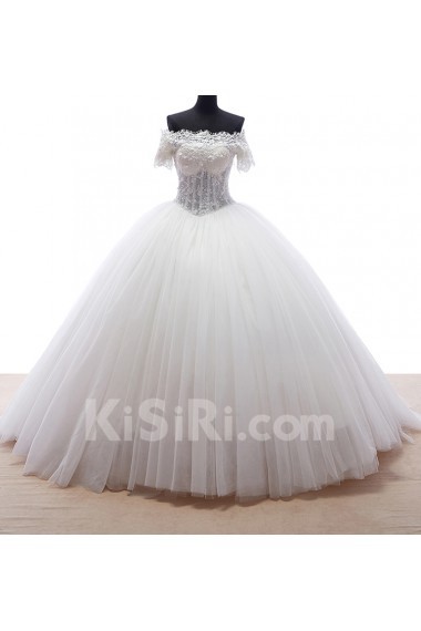 Lace, Tulle, Satin Off-the-Shoulder Chapel Train Short Sleeve Ball Gown Dress with Beads