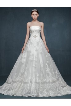 Tulle, Lace, Satin Strapless Sweep Train Sleeveless A-line Dress with Rhinestone, Sash, Applique