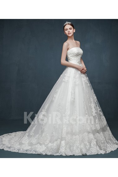 Tulle, Lace, Satin Strapless Sweep Train Sleeveless A-line Dress with Rhinestone, Sash, Applique