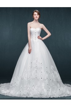 Tulle, Lace Sweetheart Chapel Train Sleeveless Ball Gown Dress with Rhinestone