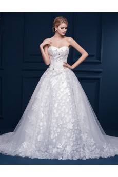 Tulle, Lace Sweetheart Cathedral Train Sleeveless A-line Dress with Beads, Handmade Flowers