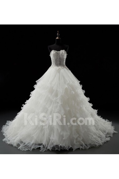 Tulle Sweetheart Chapel Train Sleeveless(Removable Sleeves) Ball Gown Dress with Bead, Rhinestone