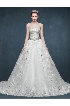 Tulle, Lace, Satin Sweetheart Chapel Train Sleeveless A-line Dress with Sequins, Rhinestone, Bow, Sash