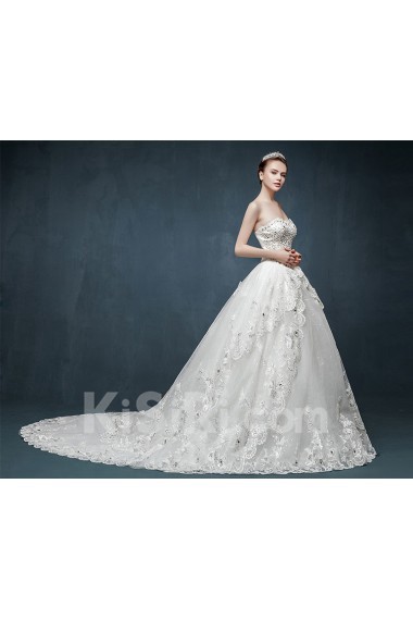 Tulle, Lace, Satin Sweetheart Chapel Train Sleeveless A-line Dress with Sequins, Rhinestone, Bow, Sash