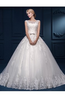 Tulle, Lace Jewel Sweep Train Cap Sleeve Ball Gown Dress with Applique, Sequins, Bow