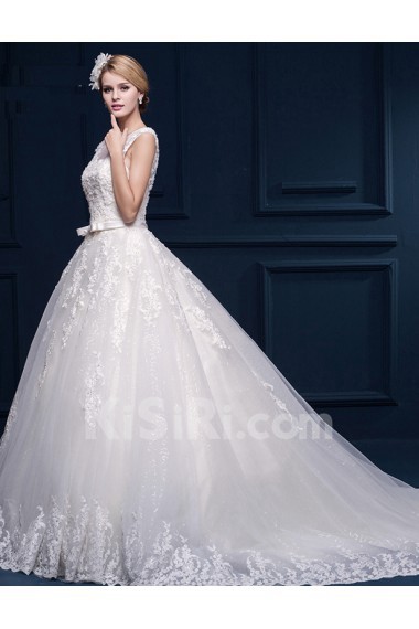 Tulle, Lace Jewel Sweep Train Cap Sleeve Ball Gown Dress with Applique, Sequins, Bow