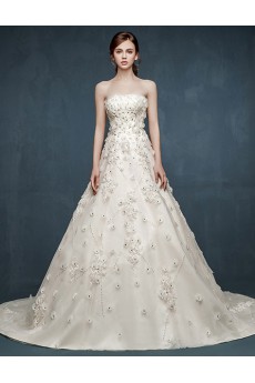 Tulle, Satin Strapless Cathedral Train Sleeveless A-line Dress with Handmade Flowers, Rhinestone