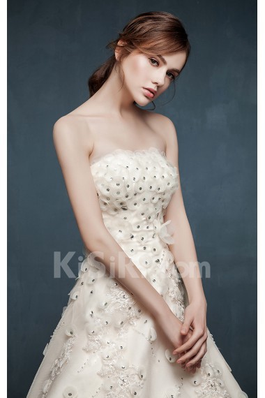 Tulle, Satin Strapless Cathedral Train Sleeveless A-line Dress with Handmade Flowers, Rhinestone