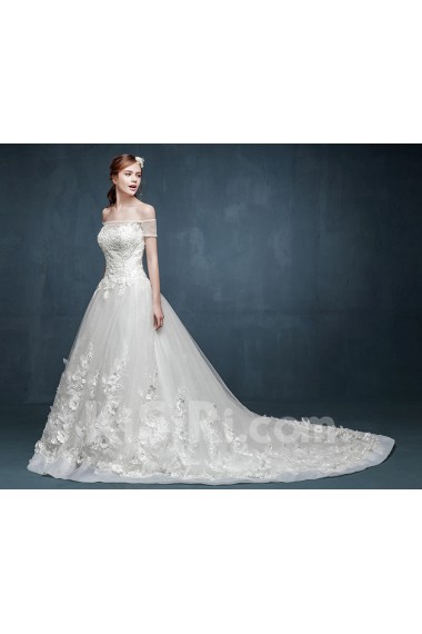 Tulle, Lace, Satin Off-the-Shoulder Chapel Train Cap Sleeve Ball Gown Dress with Handmade Flowers, Rhinestone