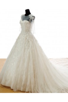Lace, Tulle, Satin Jewel Cathedral Train Half Sleeve A-line Dress with Bead