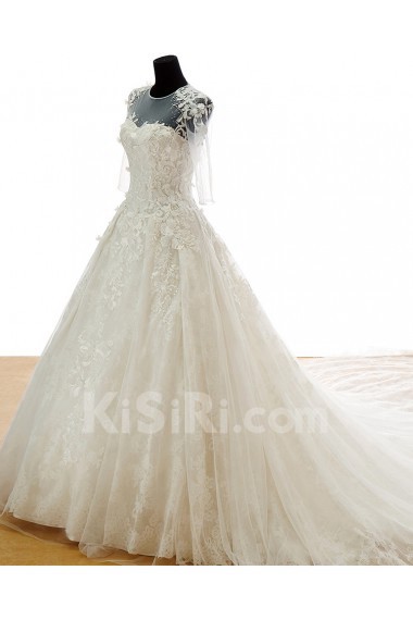 Lace, Tulle, Satin Jewel Cathedral Train Half Sleeve A-line Dress with Bead