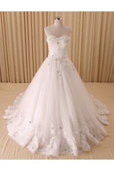 Tulle, Satin Sweetheart Cathedral Train Sleeveless A-line Dress with Beads, Lace