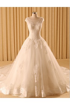 Organza Scoop Cathedral Train Cap Sleeve A-line Dress with Lace