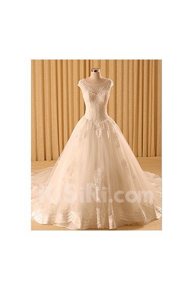 Organza Scoop Cathedral Train Cap Sleeve A-line Dress with Lace