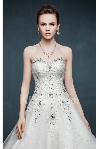 Tulle, Lace, Satin Sweetheart Cathedral Train Sleeveless A-line Dress with Rhinestone