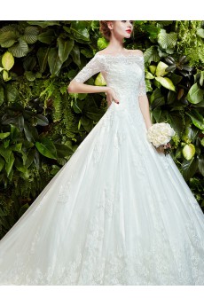 Lace, Tulle Off-the-Shoulder Cathedral Train Half Sleeve Ball Gown Dress with 