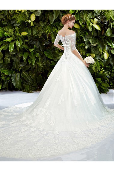 Lace, Tulle Off-the-Shoulder Cathedral Train Half Sleeve Ball Gown Dress with 