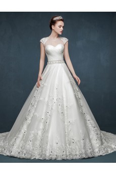 Tulle, Lace, Satin Jewel Cathedral Train Cap Sleeve Ball Gown Dress with Rhinestone, Sash