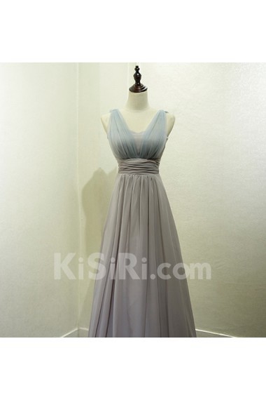 Chiffon Floor Length V-neck Sleeveless A-line Dress with Ruched