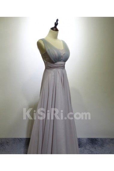 Chiffon Floor Length V-neck Sleeveless A-line Dress with Ruched