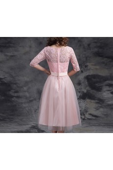 Tulle, Satin, Lace Tea-length Jewel Half Sleeve A-line Dress with Bow