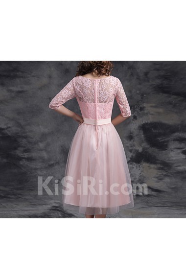 Tulle, Satin, Lace Tea-length Jewel Half Sleeve A-line Dress with Bow