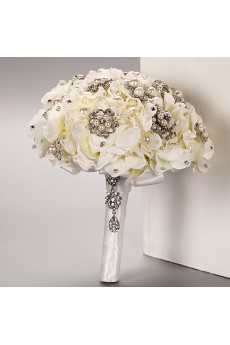 Ivory Satin Rose Wedding Bridal Bouquet with Rhinestone And Ribbon