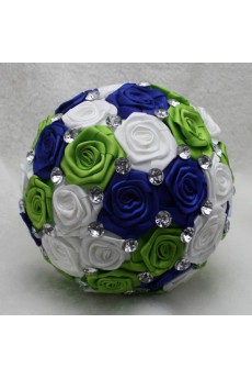 Satin with Pearl Round Shape White And Green And RoyalBlue Wedding Bridal Bouquet