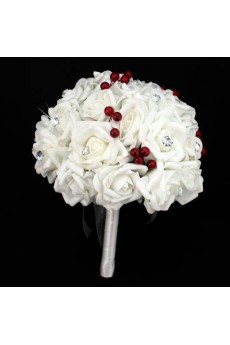 Round Shape White Satin Wedding Bridal Bouquet