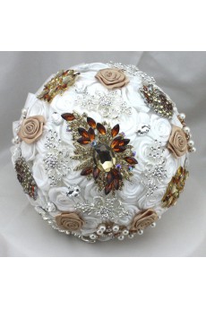 Elegant Round Shape White And Brown Silk Wedding Bouquet