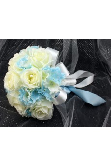 Pretty Ivory And Blue Ribbon with Peal Wedding Bridal Bouquet