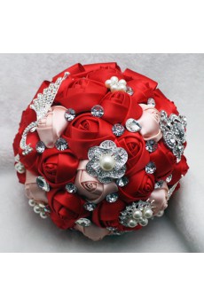 Pretty Round Shape Red Satin Rose with Pearl Wedding Bridal Bouquet