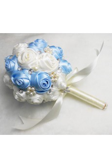 Satin with Pearl Round Shape White And Blue Wedding Bridal Bouquet