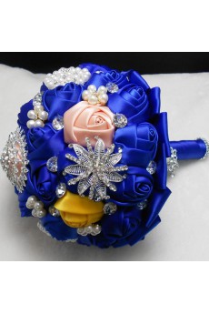Elegant Round Shape Royal Blue And Yellow Silk Wedding Bridal Bouquet
