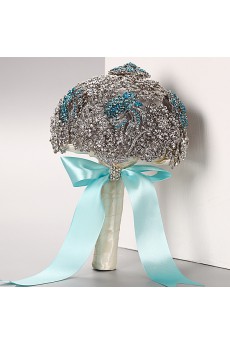 Elegant Round Shape Wedding Bridal Bouquet with Silver Diamond + Blue Diamond