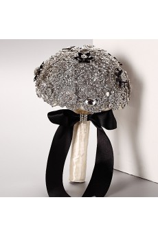 Elegant Round Shape Wedding Bridal Bouquet with Silver Diamond + Black Diamond