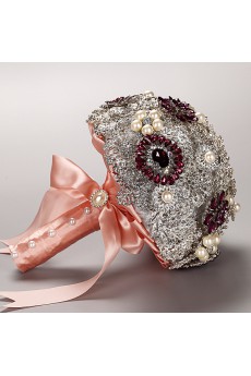 Pretty Pink + Silver Satin Rose Round Shape Wedding Bridal Bouquet