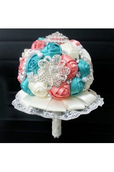 Romantic Ivory And Blue And Pink Rhinestone Roses Wedding Bridal Bouquet