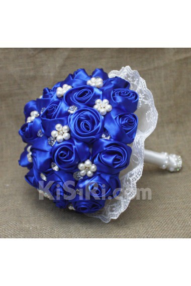 Elegant Round Shape Royal Blue Satin Rose Wedding Bridal Bouquet