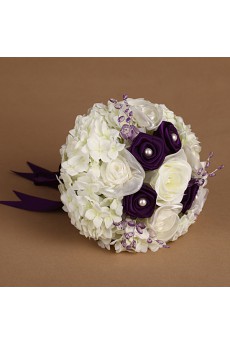 Elegant Purple And White Fabric Rhinestone Wedding Bridal Bouquet