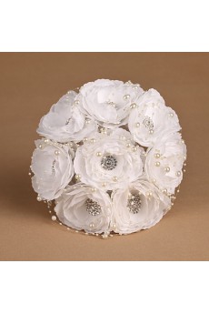 Elegant White Fabric Rhinestone Wedding Bridal Bouquet