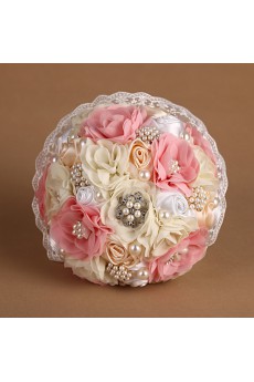 Elegant Pink And White And Ivory Fabric Rhinestone Wedding Bridal Bouquet