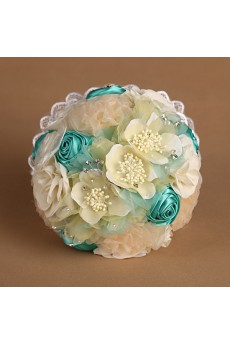 Round Shape Blue Chiffon Imitation Pearls Wedding Bridal Bouquet with Rhinestone