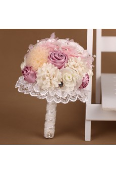 Round Shape Pearl Pink Chiffon Imitation Pearls Wedding Bridal Bouquet with Rhinestone